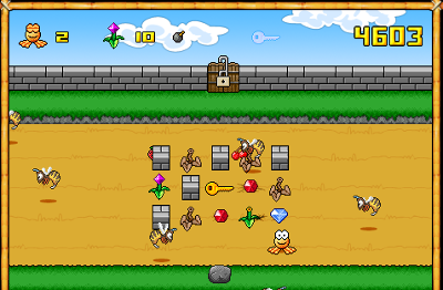 Die zu sammelnden Diamanten beim Retro Game Bambuzza und das Tor zum nächsten Level am oberen Bildrand, dazu Bienen und der goldene Schlüssel um das Tor aufzuschließen