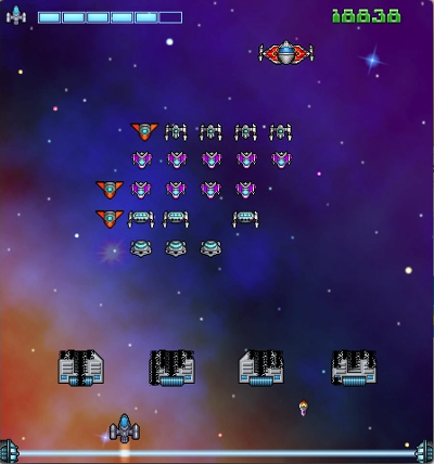 Spielsituation mit Mutterschiff vom Spiel Space Attack